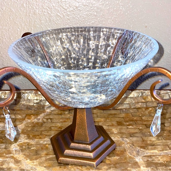 Accents Crackle Glass Bowl On Iron Pedestal W Hanging Crystals Mint